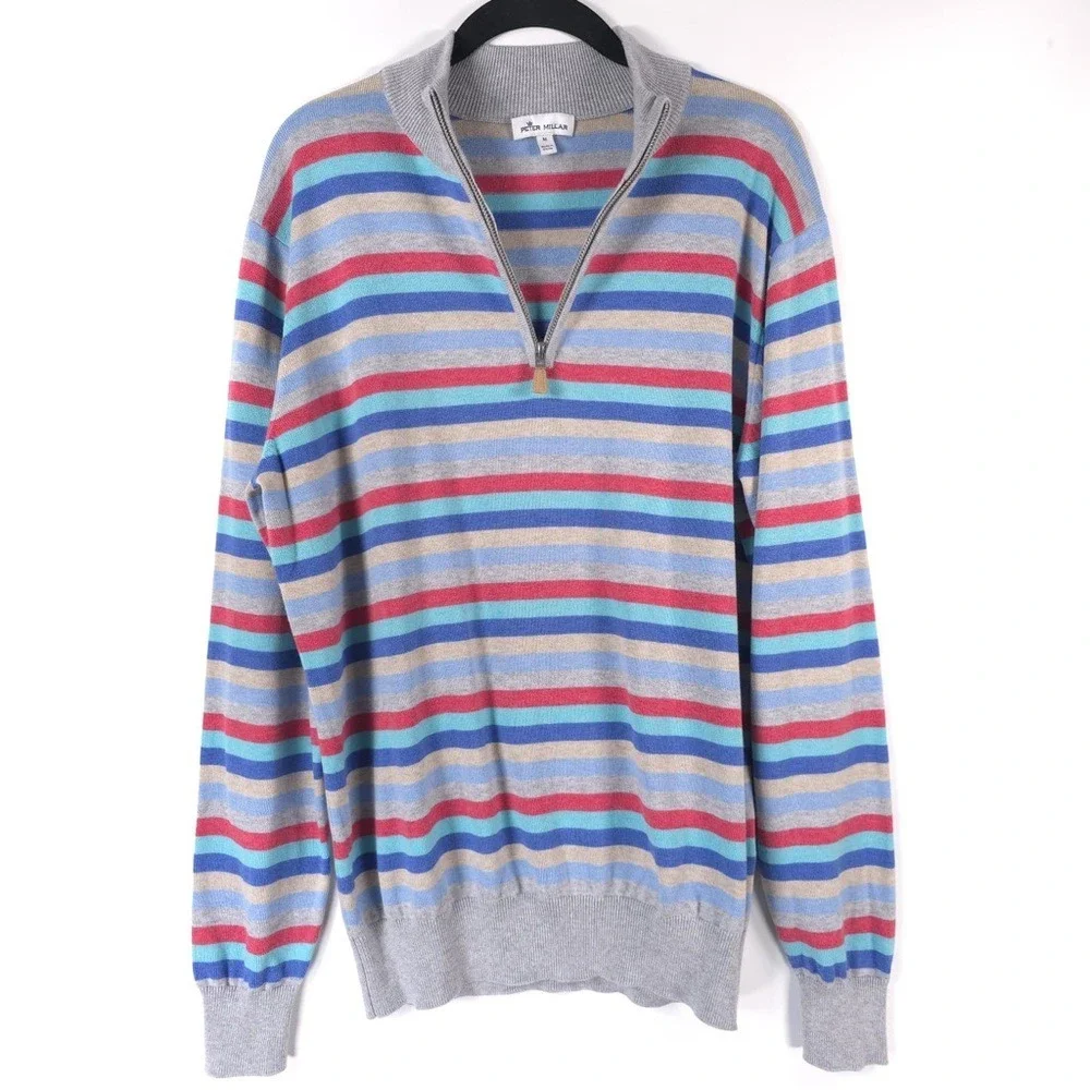 PETER MILLAR SILK CASHMERE PIMA COTTON‎ Size M Striped 1/4 Zip Pullover Sweater